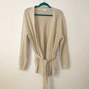 J. Jill beige ivory tie waist cableknit cardigan fisherman Size large